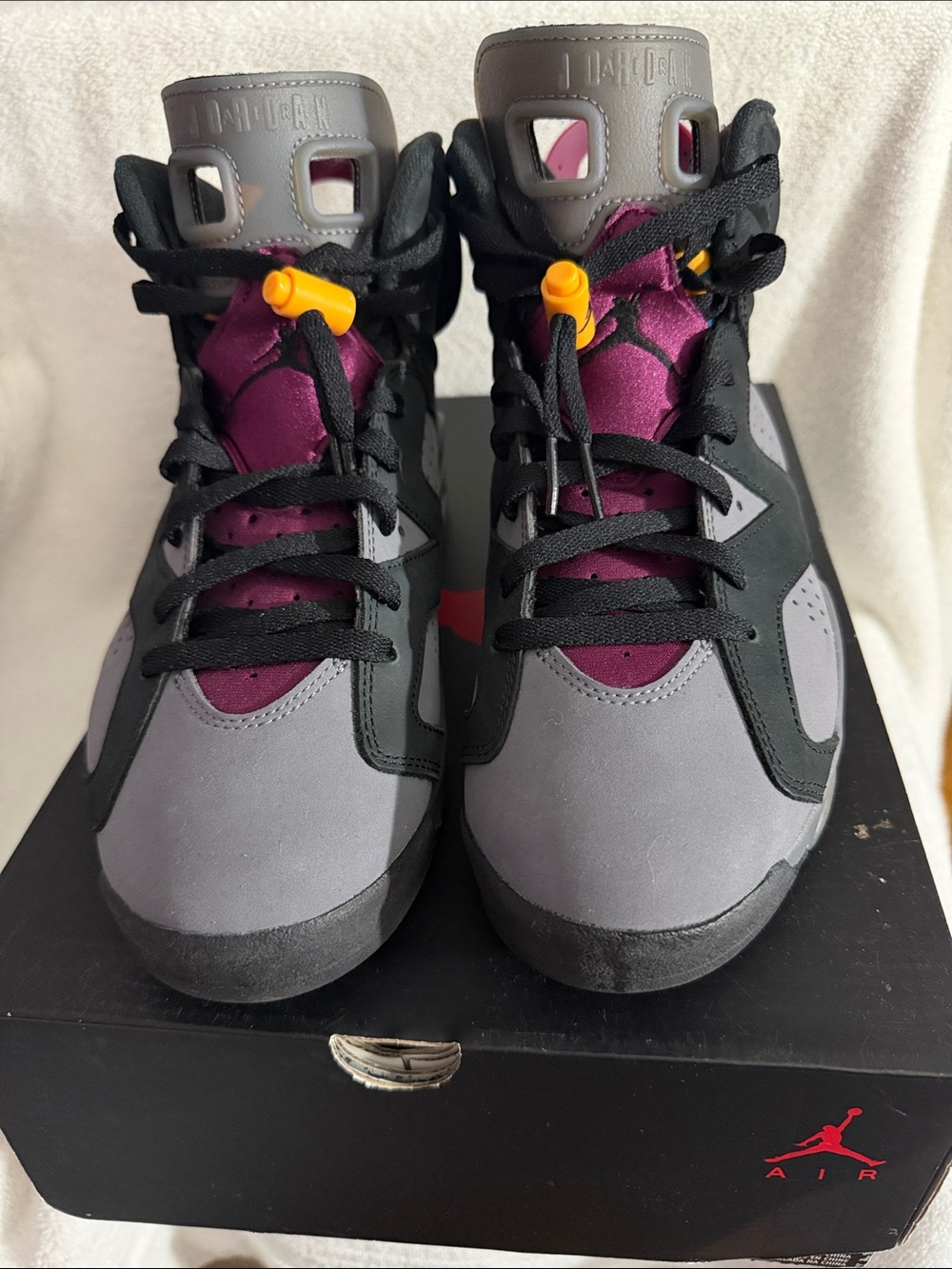 Jordan Kids' Sneakers in Gray, Black & Purple with Yellow Lace Locks